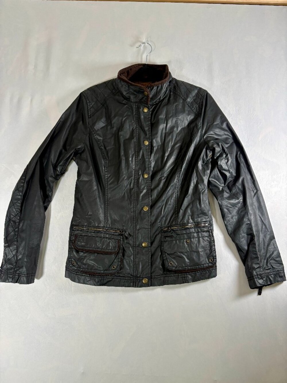 H&M L.O.G.G. Women’s Waxed Look Jacket Black Brown Plaid Lined Size 12
